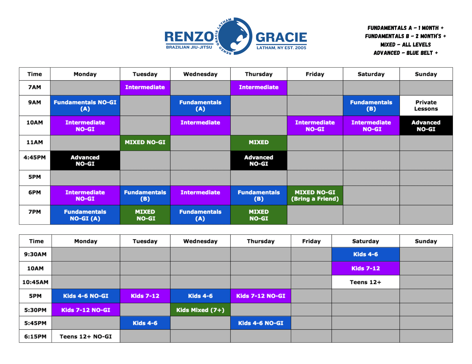 Renzo Gracie Latham Training Schedule. Offering a variety of classes including early mornings, afternoons and night classes.